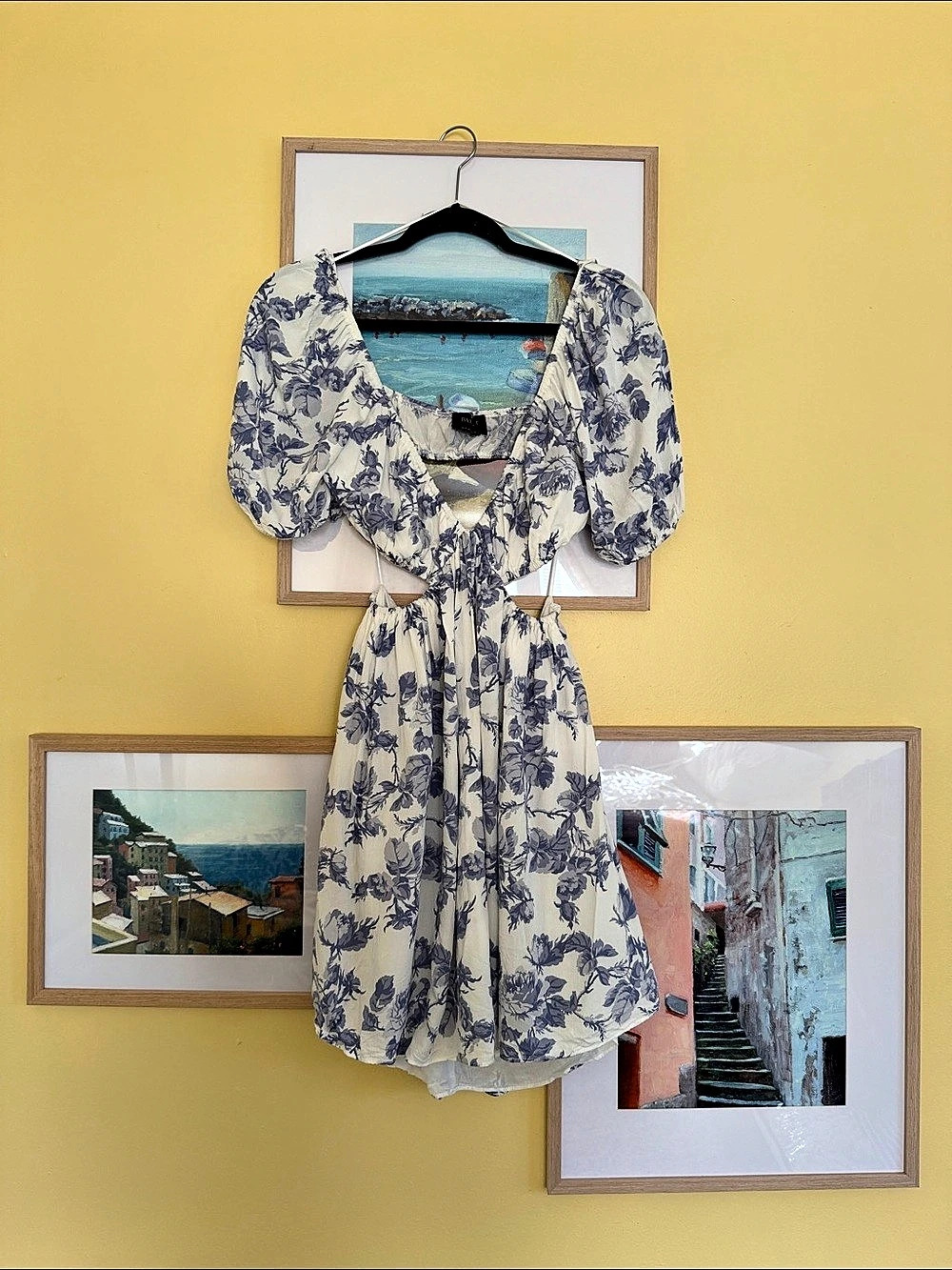 Bardot Blue White Floral Cutout Mini Dress Puff Sleeve Size S